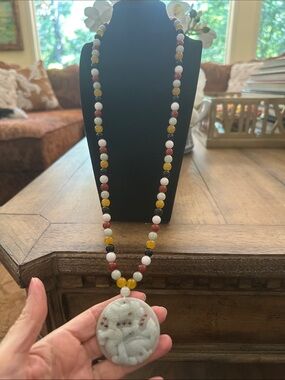 Multicolor Beaded Necklace with Carved Jade Pendant - Women Jewelry